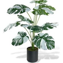Nettenevime Yapay Çiçek Saksıda Monstera Yeşil Beyaz Deve Tabanı 12DAL 70CM Salon Çiçeği Yapay Bitki
