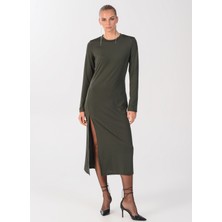 People By Fabrika Bisiklet Yaka Düz Maksi Haki Kadın Elbise ELBFW22-41