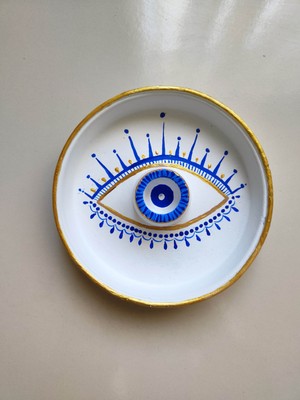 Solman El Çizimi Göz Desen Mavi Altın Detaylı Nazar Boncuğu Palo Santo ve Evil Eye Beyaz Spiritüel Meditasyon Tütsülük