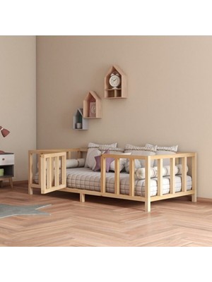 Hft Home Kapılı Unisex Montessori Bebek ve Çocuk Karyolası Doğal Ahşap Yatak