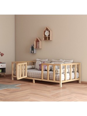 Hft Home Kapılı Unisex Montessori Bebek ve Çocuk Karyolası Doğal Ahşap Yatak