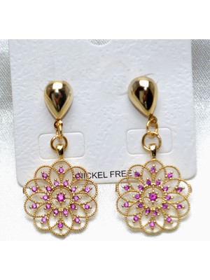 Y&M Perla Accessories Pembe Zirkon Taşlı Çiçek Sallantı Küpe