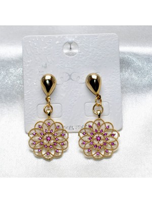 Y&M Perla Accessories Pembe Zirkon Taşlı Çiçek Sallantı Küpe