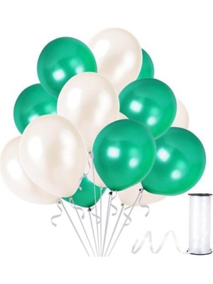 Hknys 50 Adet Metalik Balon (Koyu Yeşil - Beyaz )- Helyum Gazı Uyumludur.-Dogum Günü Parti Balonları