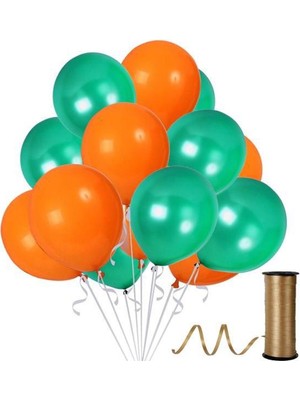 Hknys 25 Adet Metalik Balon (Koyu Yeşil - Turuncu )- Helyum Gazı Uyumludur.-Dogum Günü Parti Balonları