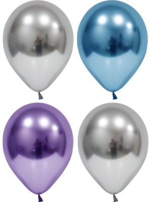 Hknys 50 Adet Gümüş - Mavi - Mor Krom Balon (Aynalı Balon)