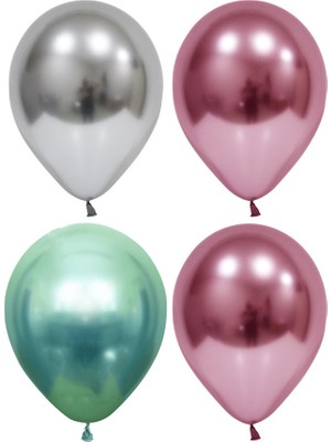 Hknys 50 Adet Gümüş-Pembe-Yeşil  Krom Balon (Aynalı Balon)Balon Bandı+5 Metre Balon Zinciri