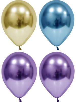 Hknys 50 Adet Altın-Mavi - Mor  Krom Balon (Aynalı Balon)+5 Metre Balon Zinciri