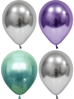 Hknys 40 Adet Gümüş Mor Yeşil  Krom Balon (Aynalı Balon)