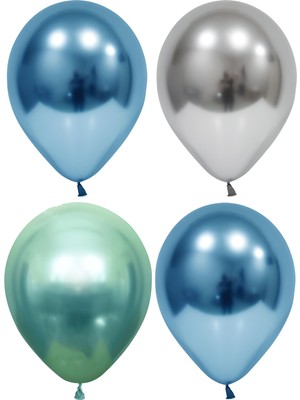 Hknys 50 Adet Gümüş Mavi Yeşil Krom Balon (Aynalı Balon)Balon Bandı+5 Metre Balon Zinciri