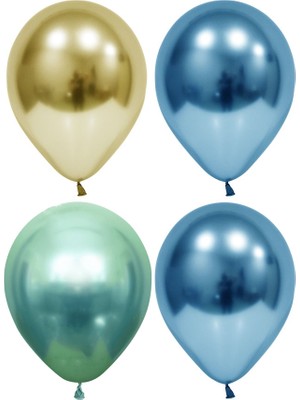 Hknys 50 Adet Altın-Mavi-Yeşil  Krom Balon (Aynalı Balon)Balon Bandı+5 Metre Balon Zinciri
