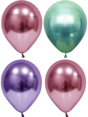 Hknys 50 Adet Pembe-Mor-Yeşil  Krom Balon (Aynalı Balon)Balon Bandı+5 Metre Balon Zinciri