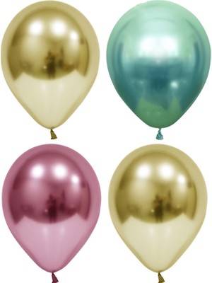 Hknys 5 Adet Altın-Yeşil-Pembe   Krom Balon (Aynalı Balon)