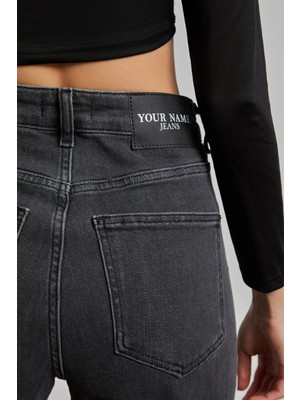 Your Name Kadın Füme Yüksek Bel Pis Paça Yırtıklı Loose Straight Jean