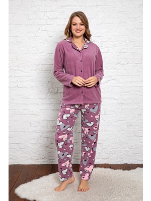 Nisanca Kadın Kışlık Welsoft Peluş Polar  Düğmeli Pijama Takımı