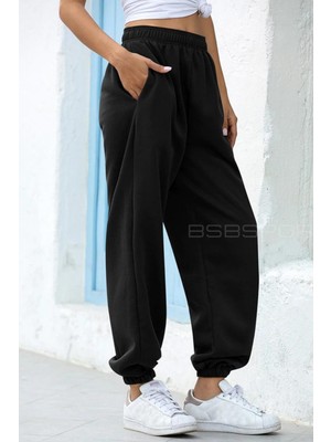 3 İp Şardonlu Kadın Siyah Oversize Eşofman Altı Lastikli Paça Jogger Günlük