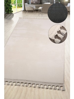 Saroni Relax Krem Saçaklı Leke Tutmaz Yumuşak Kaymaz Taban Modern Yıkanabilir Yolluk