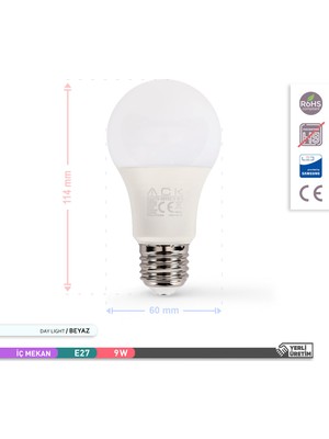 Ack 9W 3'lü Paket A60 LED Ampul 6500K Beyaz Işık 880LM E27