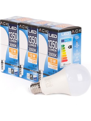 Ack 15W 3'lü Paket A70 LED Ampul 3000K Gün Işığı 1350LM E27