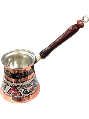 Miray Hediyelik Kalın Bakır Işlemeli Tahta Saplı Mineli Sütlük & Cezve
