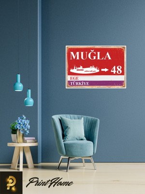 Printhome Ahşap Vintage Poster " 48 Muğla Retro Mdf Poster" 24X34 cm