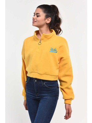 Happy  Sarı Fermuarlı Nakışlı Kadın Sweatshirt