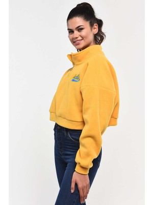 Happy  Sarı Fermuarlı Nakışlı Kadın Sweatshirt