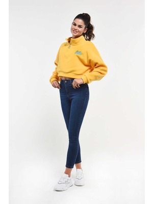 Happy  Sarı Fermuarlı Nakışlı Kadın Sweatshirt