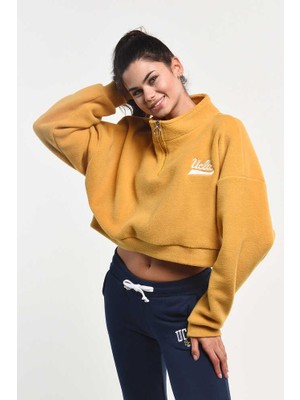 Happy  Kahve Fermuarlı Nakışlı Kadın Sweatshirt