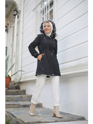 Vibeys Collection Siyah İçi Kürklü ve Su Geçirmez Kadın Kışlık Mont & Kaban