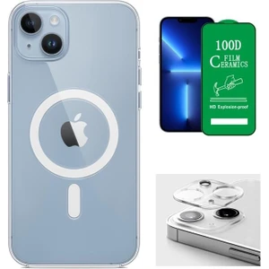 iPhone 13 Uyumlu ( iPhone 13 ) Magsafe Şarj Destekli Darbe Dirençli Fit Hard Silikon Kılıf + Kamera Lens + Seramik Nano Ekran Koruyucu