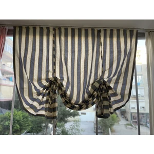 İple Çekişli Yüksekliği Ayarlanabilir Gri - Krem Çizgili Balkon Perdesi Kalın Kumaş