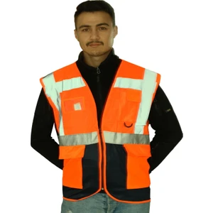 Mühendis Tipi Ikaz Yeleği Cepli Fosforlu Fermuarlı Turuncu Güvenlik Yelek