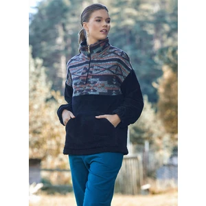 Boğazli Etnik Desenli Peluş Sweatshirt Siyah