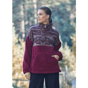 Boğazlı Etnik Desenli Peluş Sweatshirt Bordo