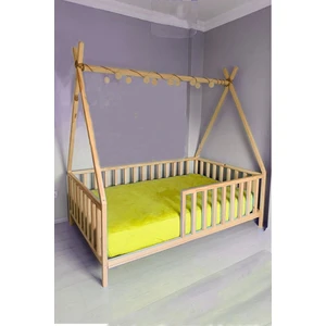 Hft Home Çatılı Unisex Montessori Bebek ve Çocuk Karyolası Doğal Ahşap Yatak