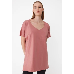 Amazing Crash Kadın V Yaka Yırtmaçlı Oversize Basic Tişört