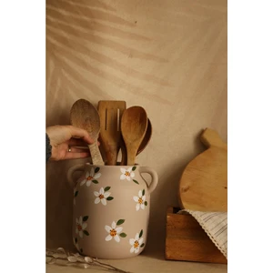 Dekoratif Çiçek Desenli El Yapımı ve El Boyama Seramik Kulplu Vazo