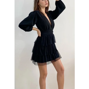 Mois Atelier Fırfırlı Siyah Büzgülü Mini Elbise, Tasarım, Hediye, Büyük Beden