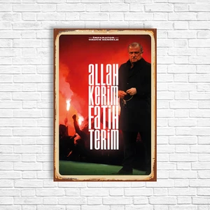 Trend Poster Allah Kerim Fatih Terim Sarı Kırmızı Retro Ahşap Poster