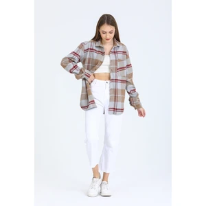 Mero Life Kadın Bej Oversize Tek Cepli Kareli Pamuklu Kalın Kumaş Oduncu Ceket Gömlek