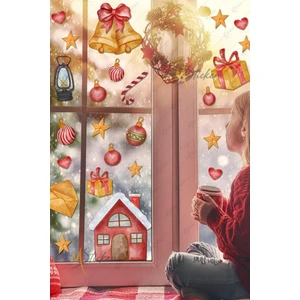 Yılbaşı Süsleri Sticker Seti, Yeni Yıl Yılbaşı Kış Konseptli Cam Duvar Sticker Seti