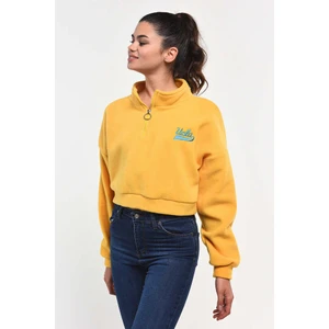 Happy  Sarı Fermuarlı Nakışlı Kadın Sweatshirt