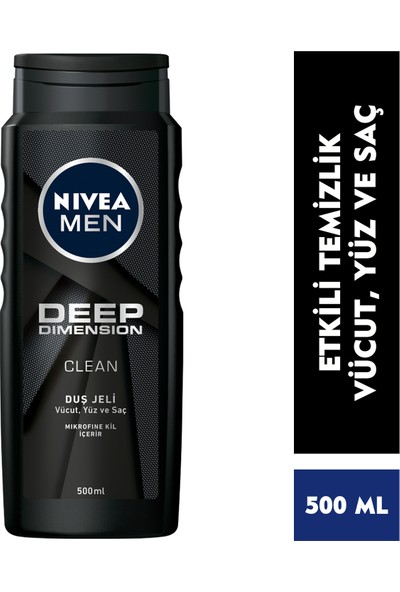 NIVEA Men Deep Dimension Duş Jeli 500ml, 3'ü 1 Arada Komple Bakım, Vücut, Saç ve Yüz için, Çekici Koku