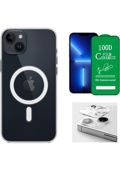 iPhone 14 Uyumlu ( iPhone 14 ) Magsafe Şarj Destekli Darbe Dirençli Fit Hard Silikon Kılıf + Kamera Lens + Seramik Nano Ekran Koruyucu
