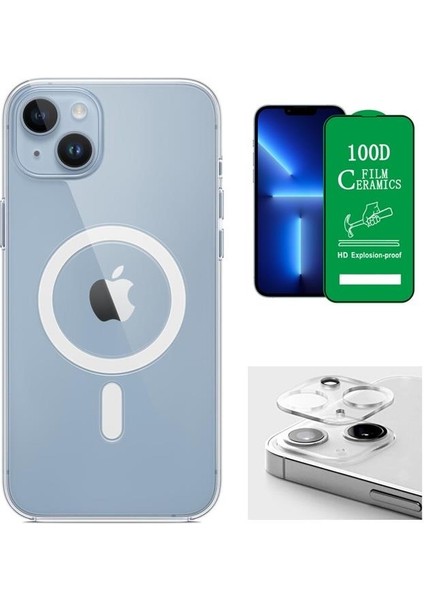 iPhone 13 Uyumlu ( iPhone 13 ) Magsafe Şarj Destekli Darbe Dirençli Fit Hard Silikon Kılıf + Kamera Lens + Seramik Nano Ekran Koruyucu