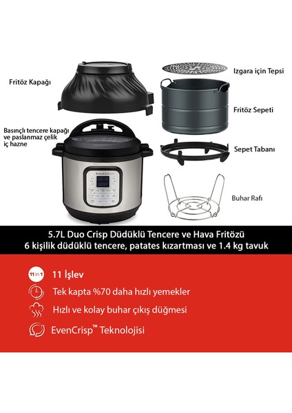 Pot Duo Crisp 11'i 1 Arada 7.6 lt Basınçlı Pişirici ve Air Fryer