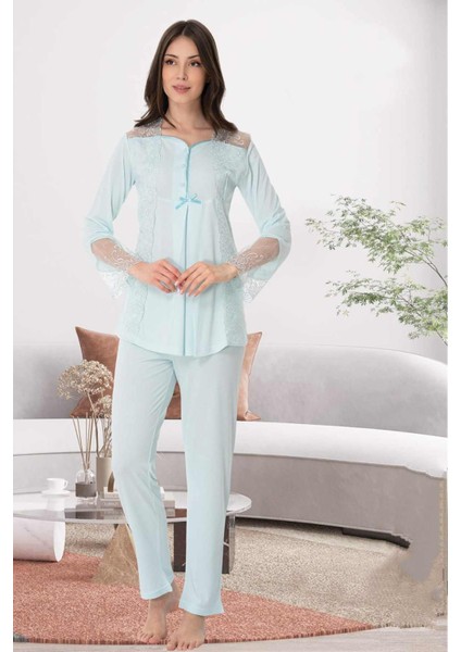 Turkuaz Dantelli Hamile Lohusa Pijama Takımı