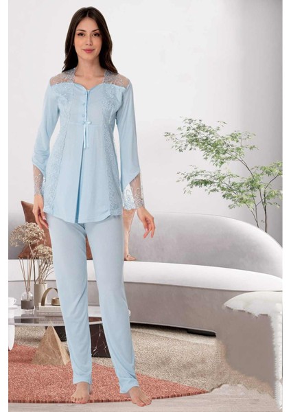 Mavi Dantelli Hamile Lohusa Pijama Takımı