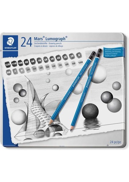 Mars Lumograph Dereceli Kalem Karakalem Eskiz Çizim Seti 24'lü Metal Kutu (12B-10H)